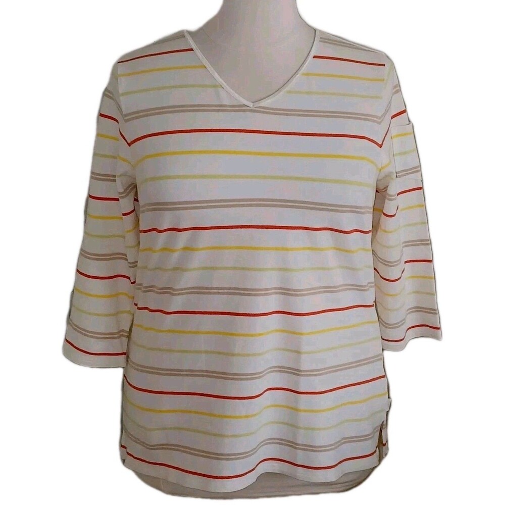 LIZ CLAIBORNE LIZGOLF Womens 1X Preppy Activewear Stripes 3/4 Sleeve Top White